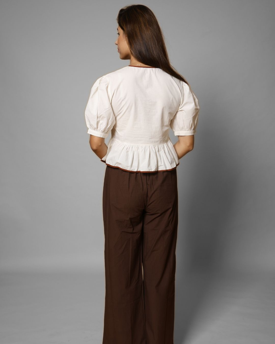 Wavy Ivory Tie-Detail Peplum Top