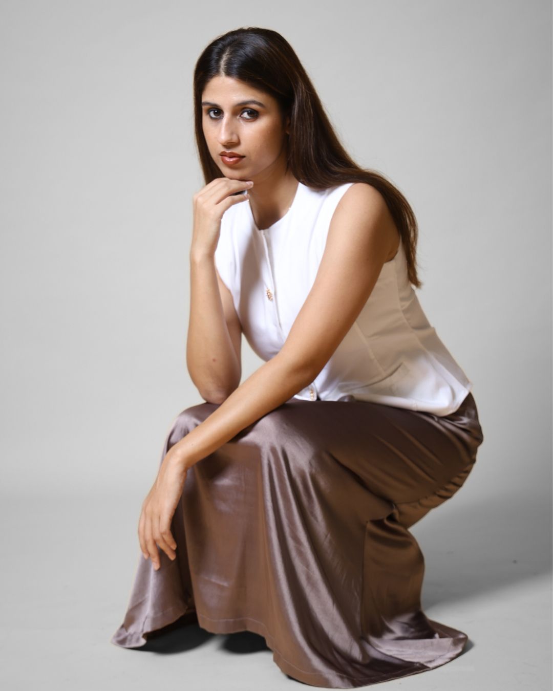 Minimal Taupe Satin Midi Skirt