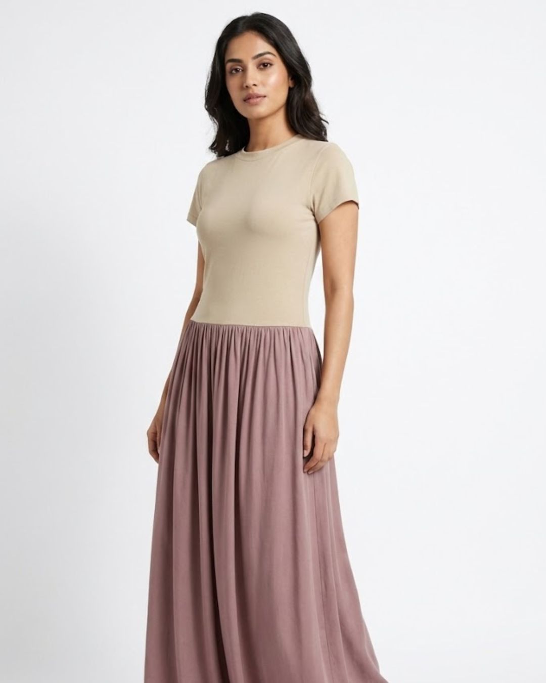 Earthy Brown Beige Knit & Flow Skirt Set