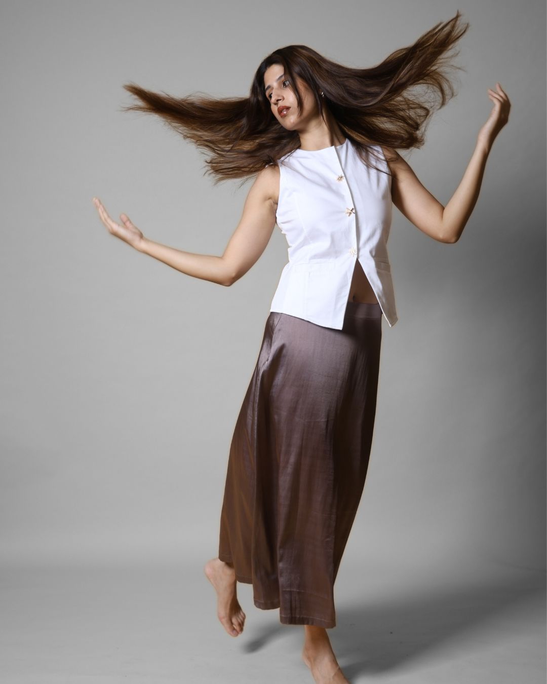 Minimal Taupe Satin Midi Skirt