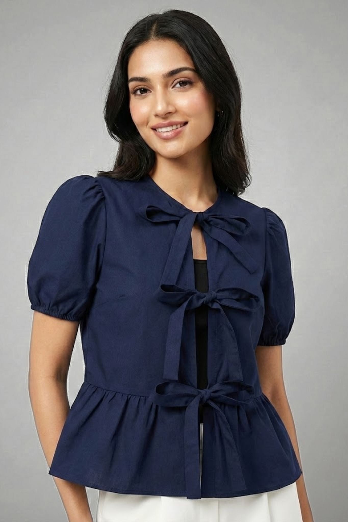 Rebel Navy Tie-Front Peplum Top
