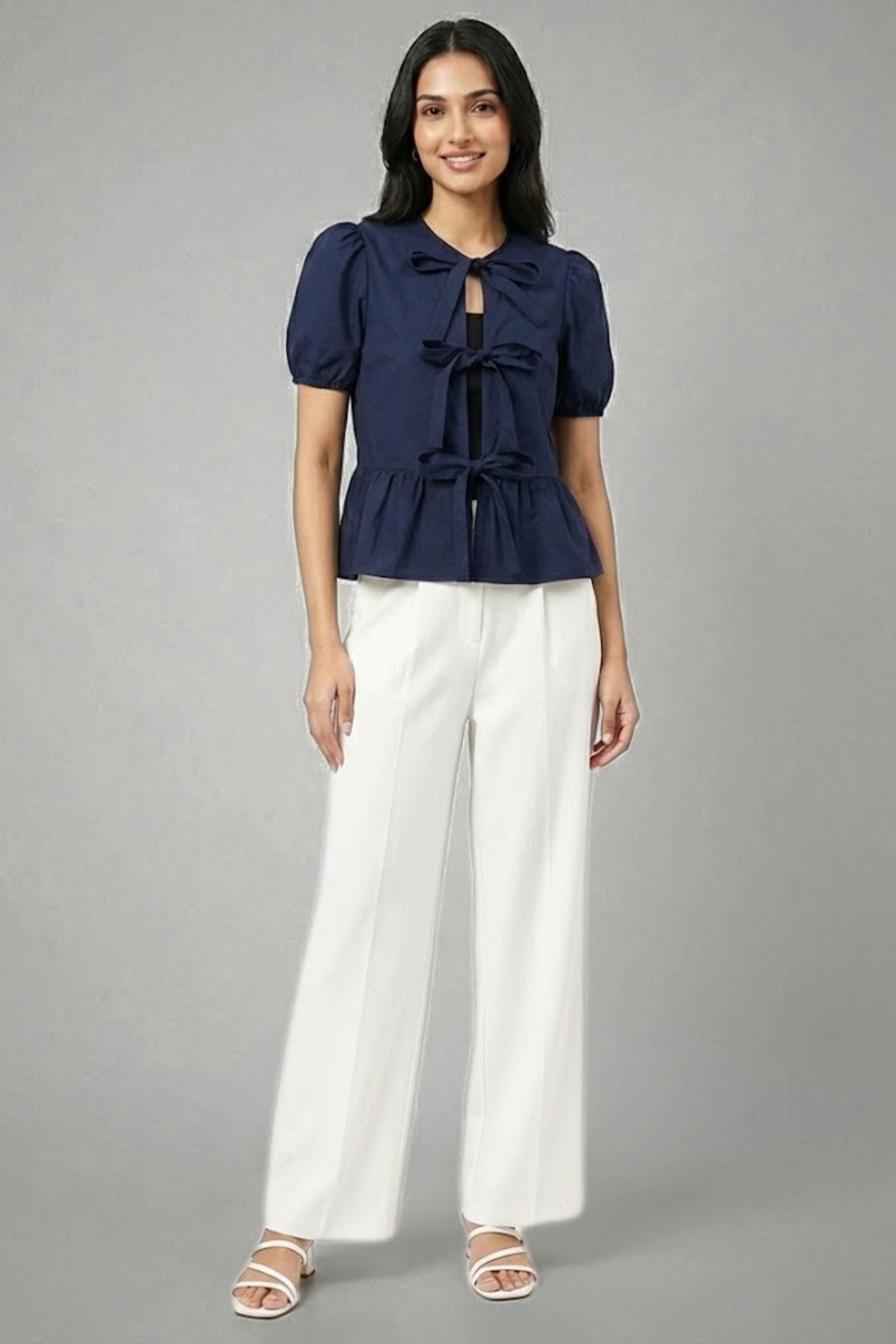 Rebel Navy Tie-Front Peplum Top