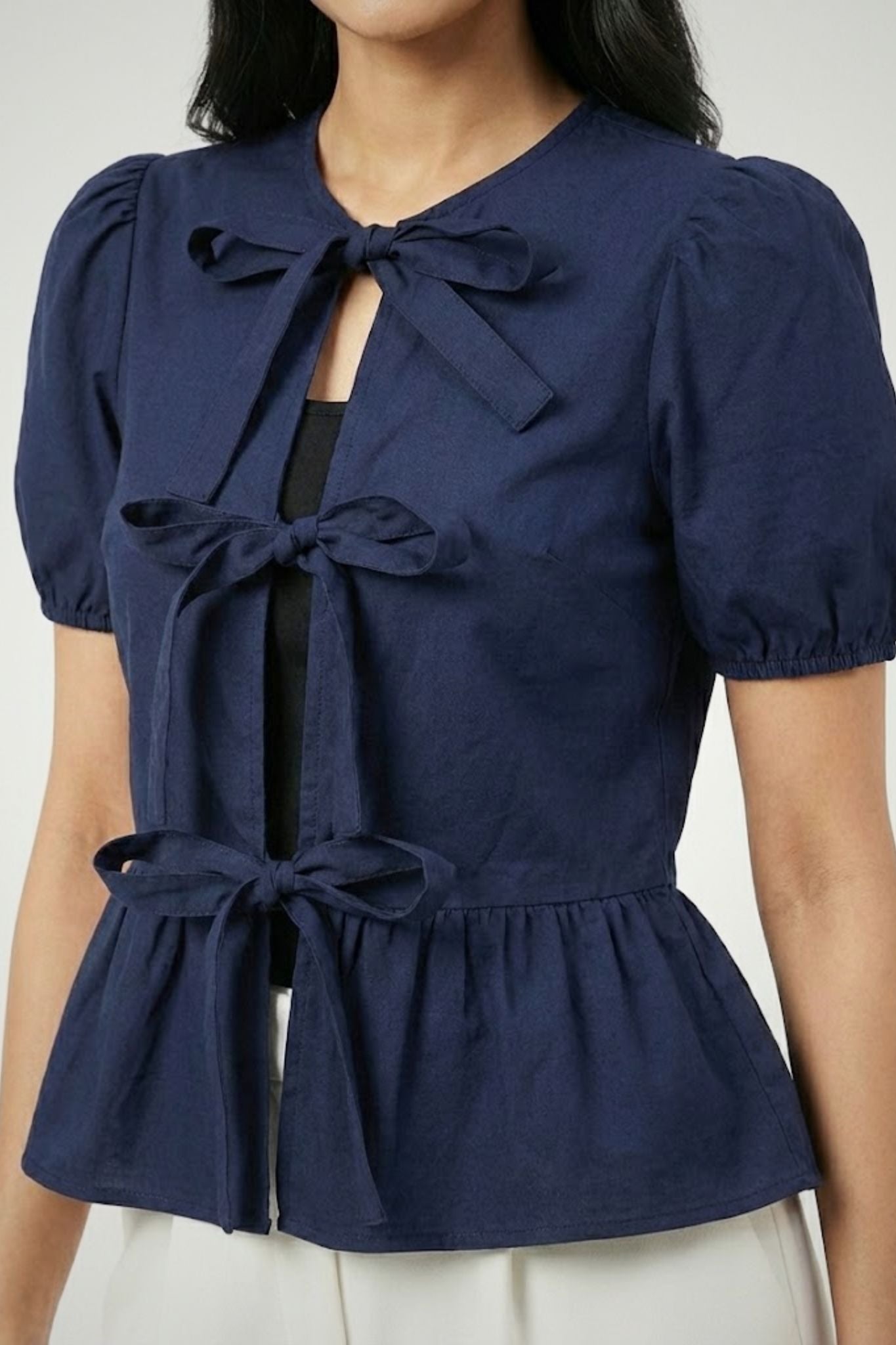 Rebel Navy Tie-Front Peplum Top