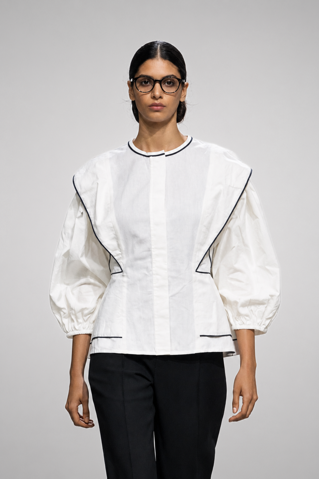 Ivory Frame Puff Sleeve Peplum Top
