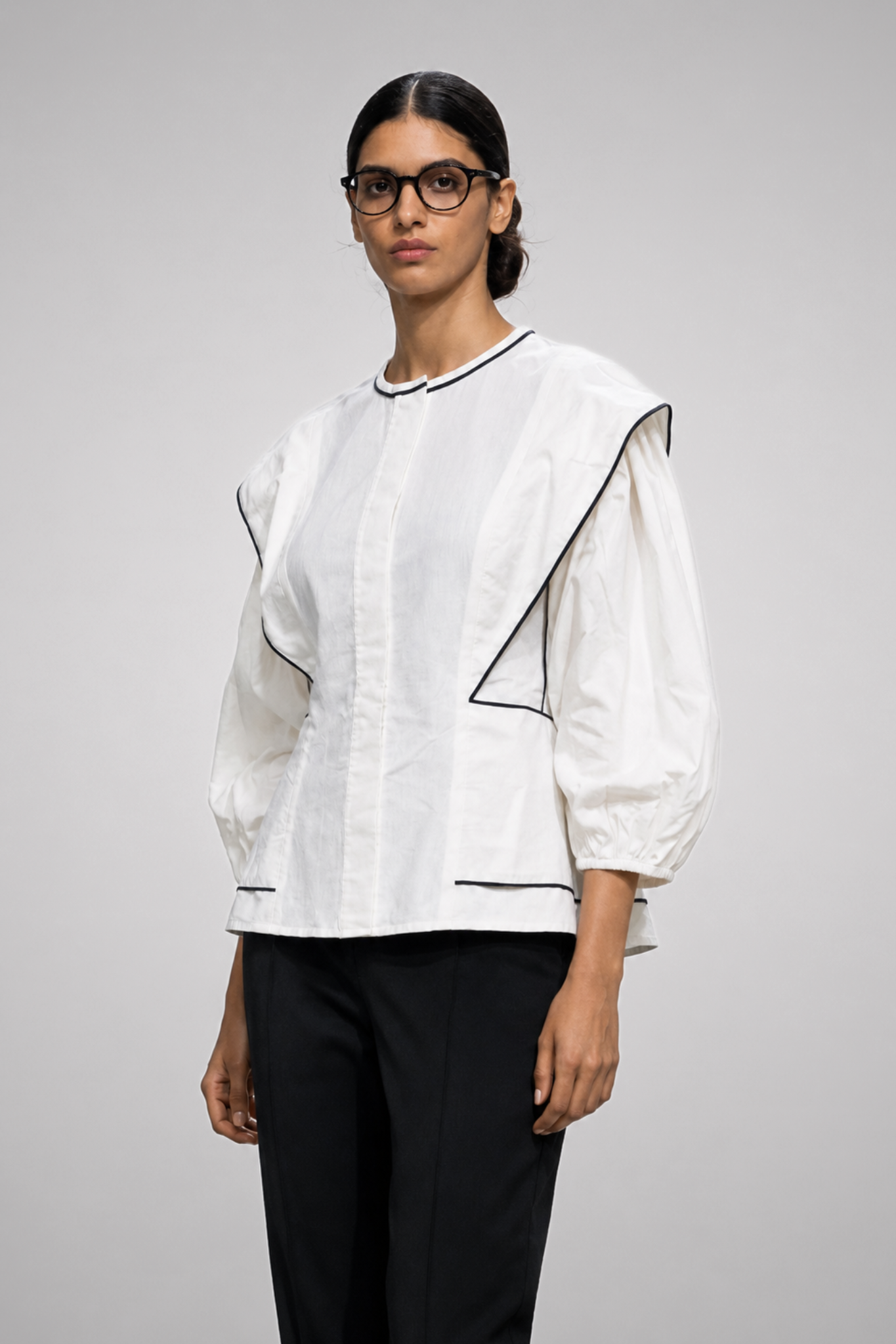Ivory Frame Puff Sleeve Peplum Top