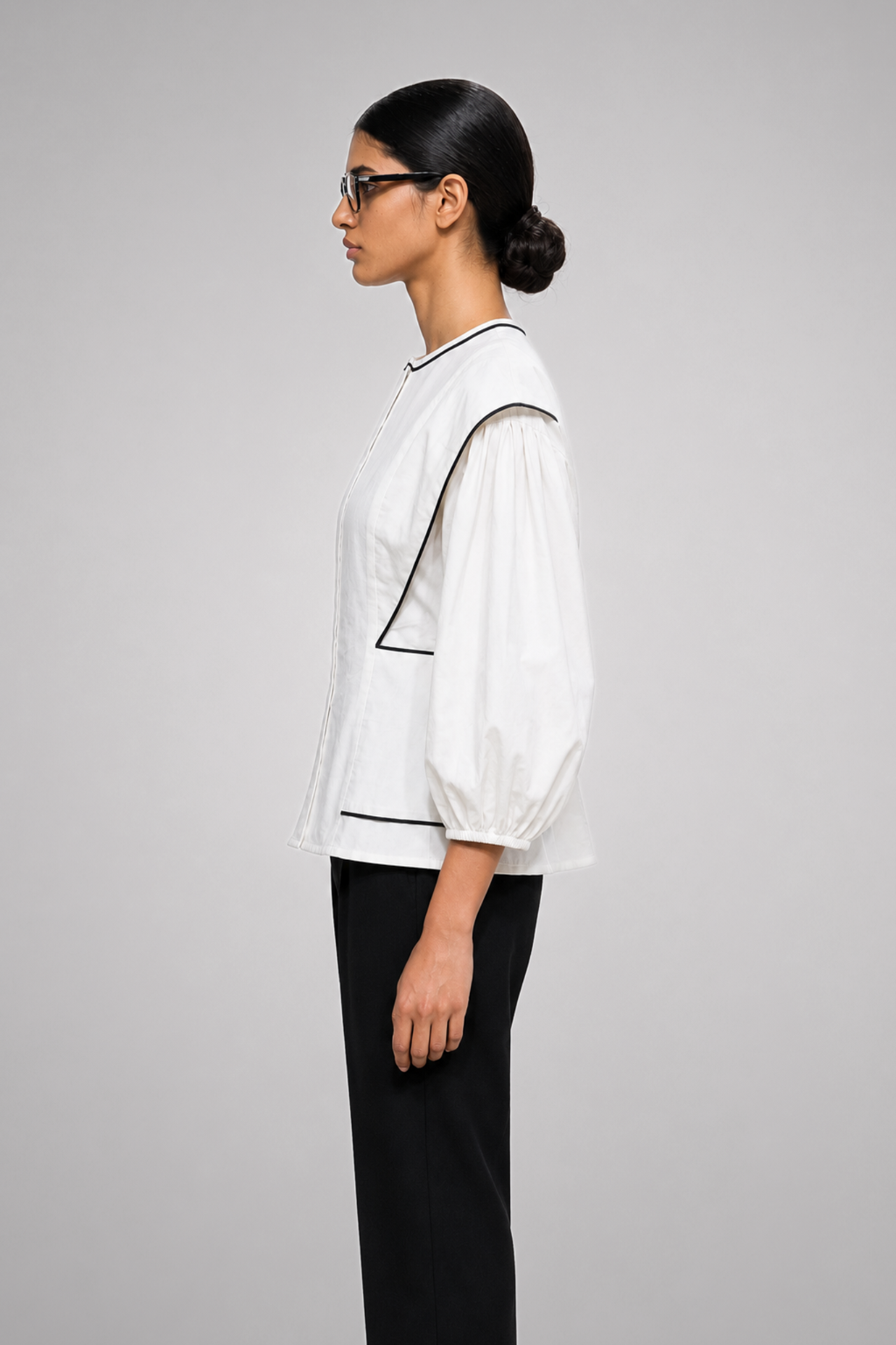 Ivory Frame Puff Sleeve Peplum Top