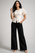 Ivory Pleat Sleeve Peplum Top