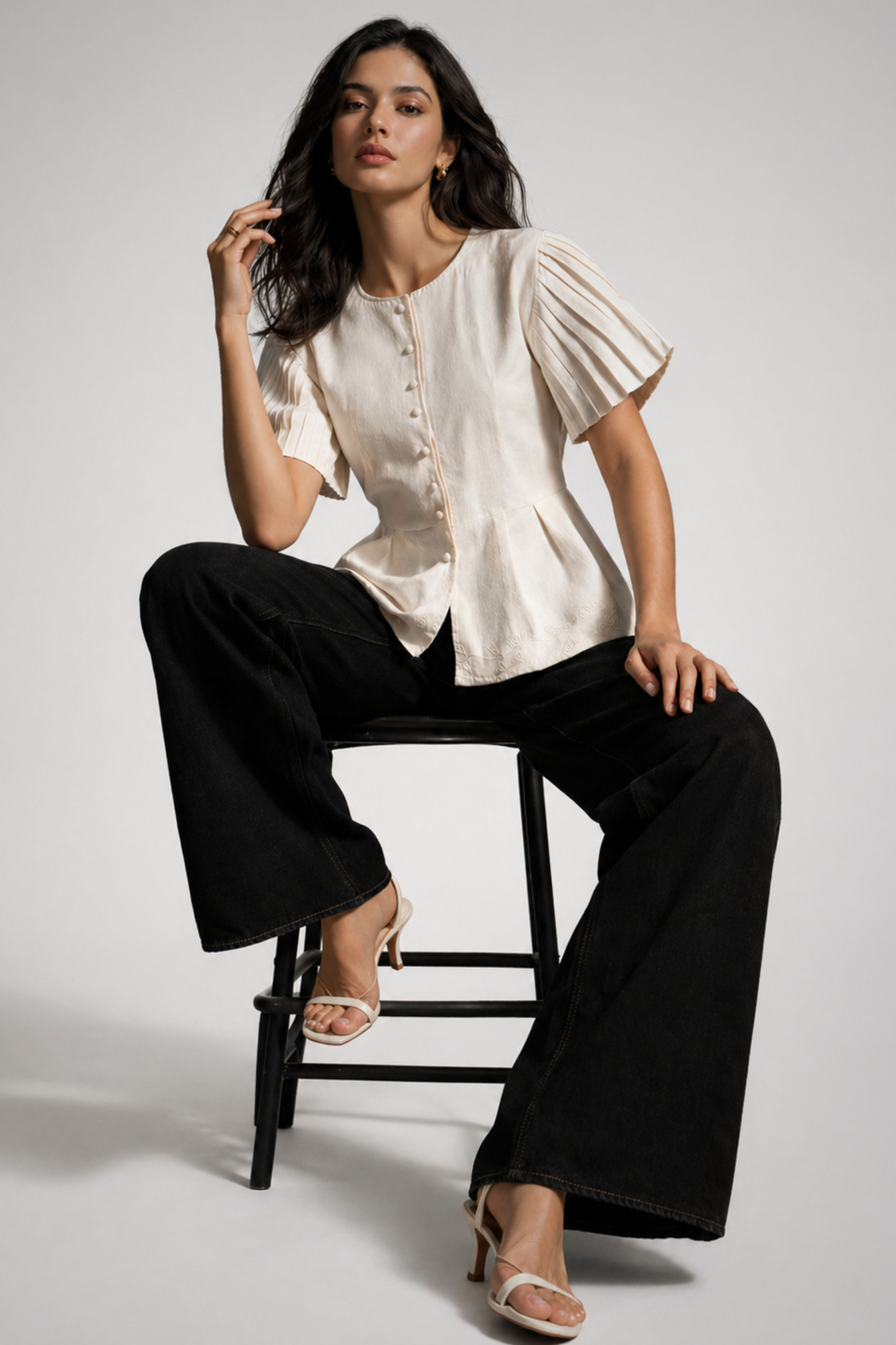Ivory Pleat Sleeve Peplum Top