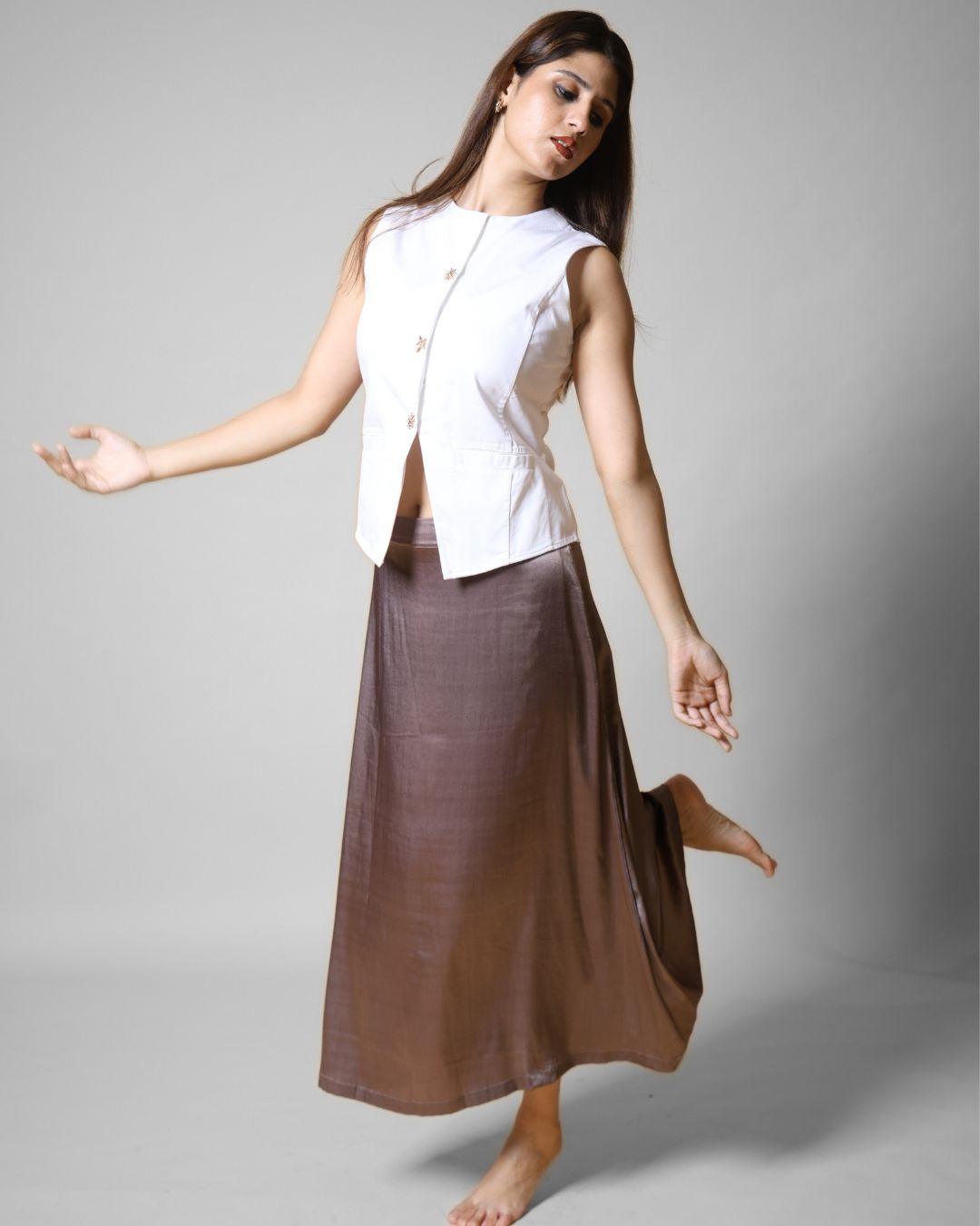 Minimal Taupe Satin Midi Skirt