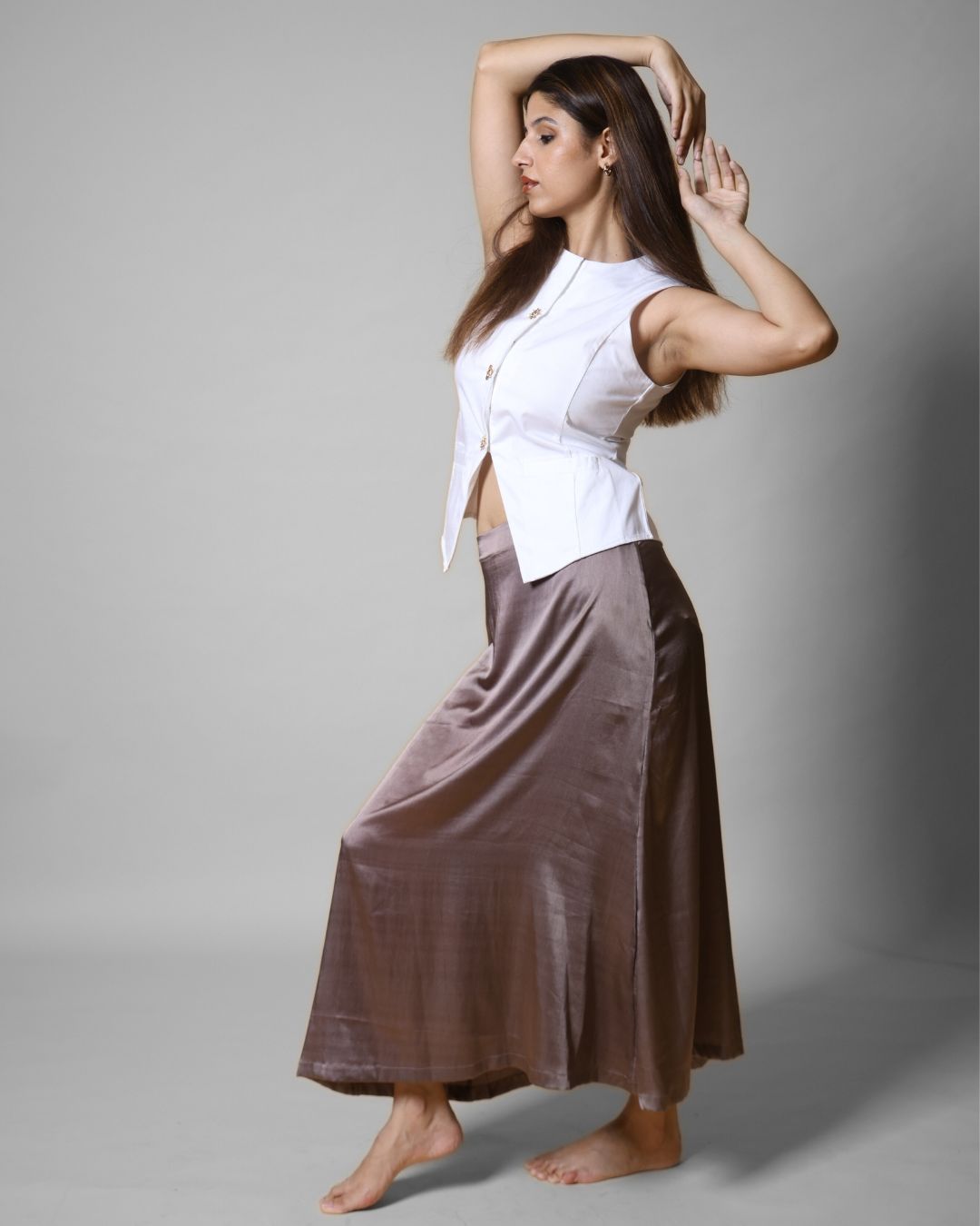 Minimal Taupe Satin Midi Skirt