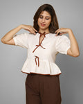 Wavy Ivory Tie-Detail Peplum Top