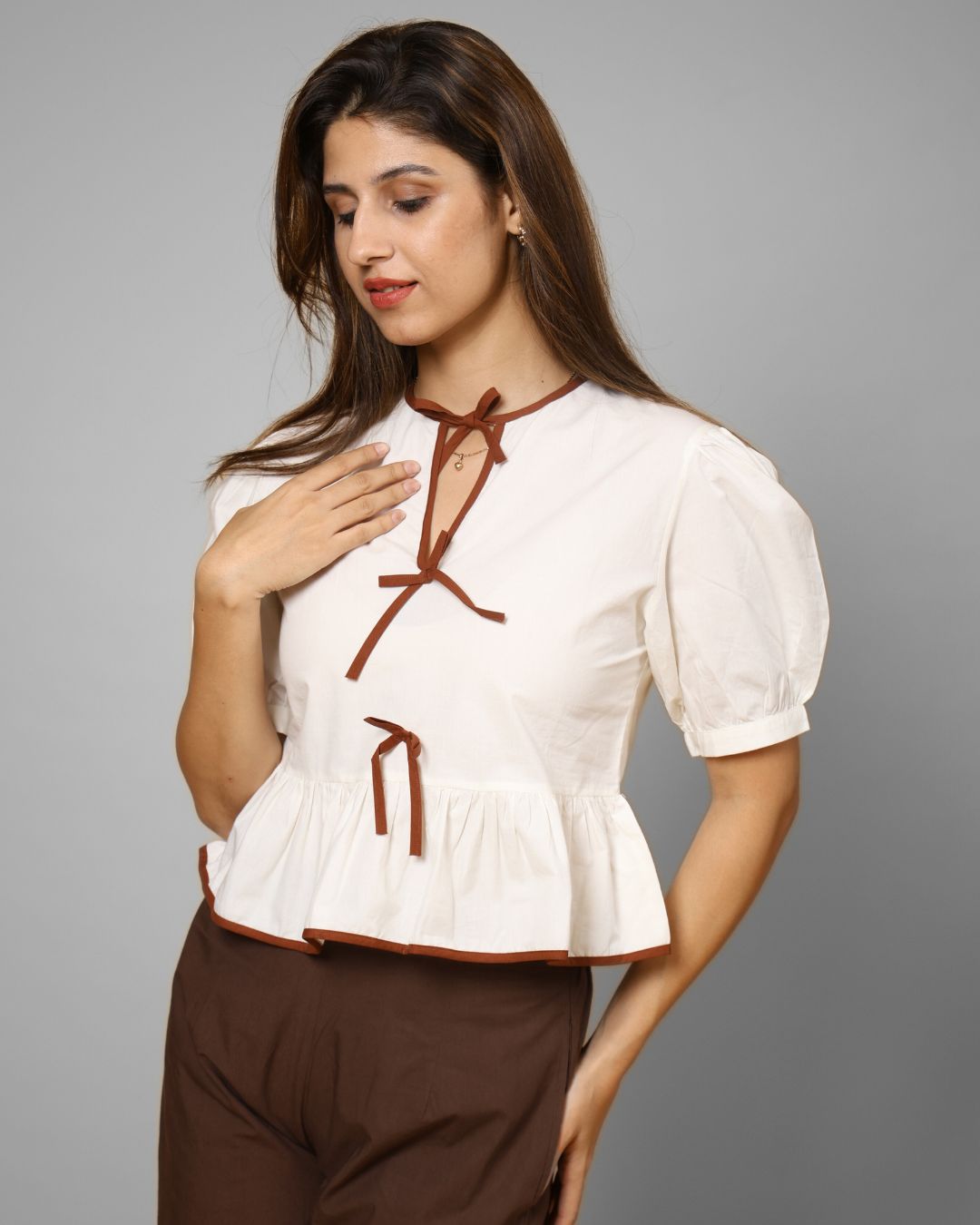 Wavy Ivory Tie-Detail Peplum Top