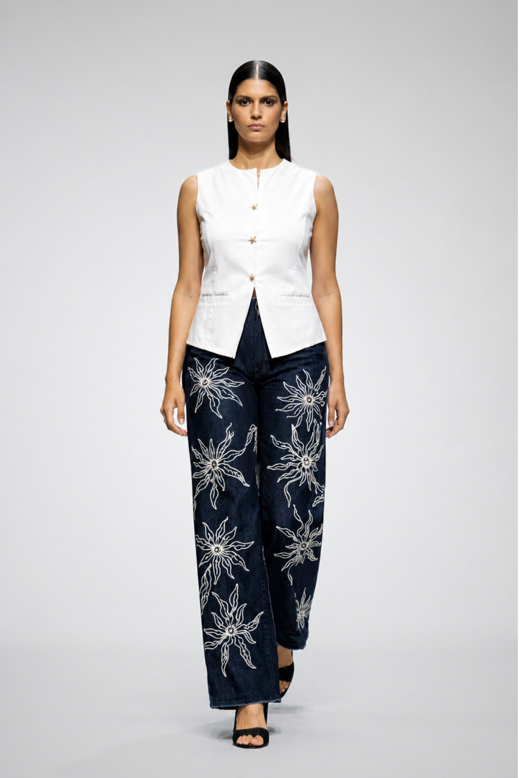 Silk Embro Indigo Wide-Leg Denim