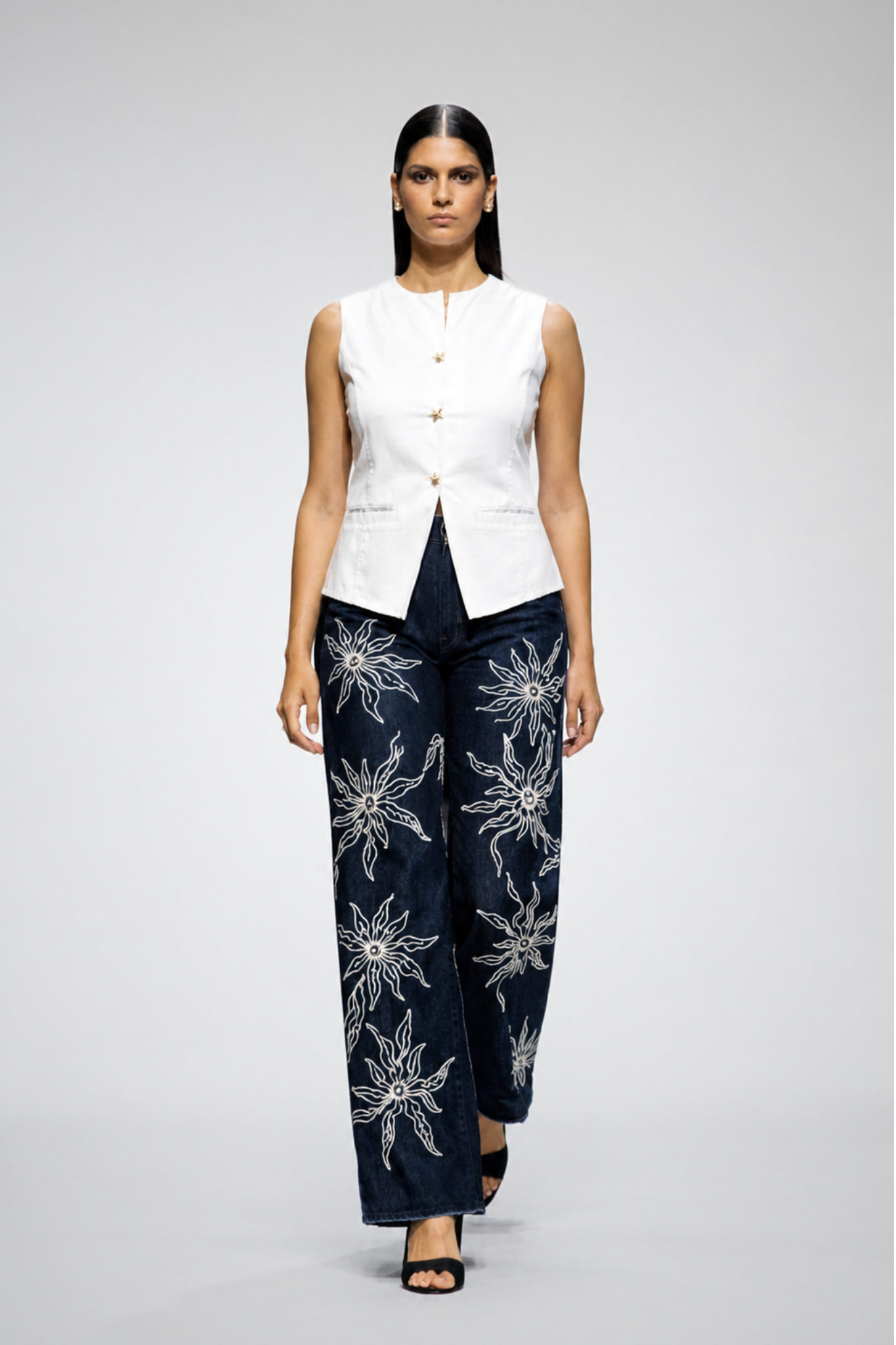 Silk Embro Indigo Wide-Leg Denim