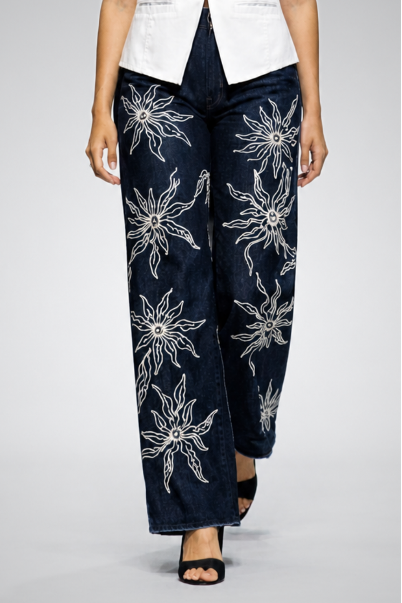 Silk Embro Indigo Wide-Leg Denim
